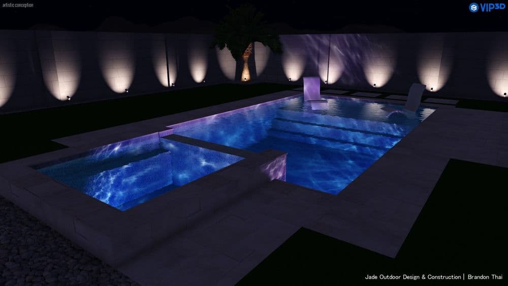 Modern outdoor pool design with illuminated features and a palm tree at night.