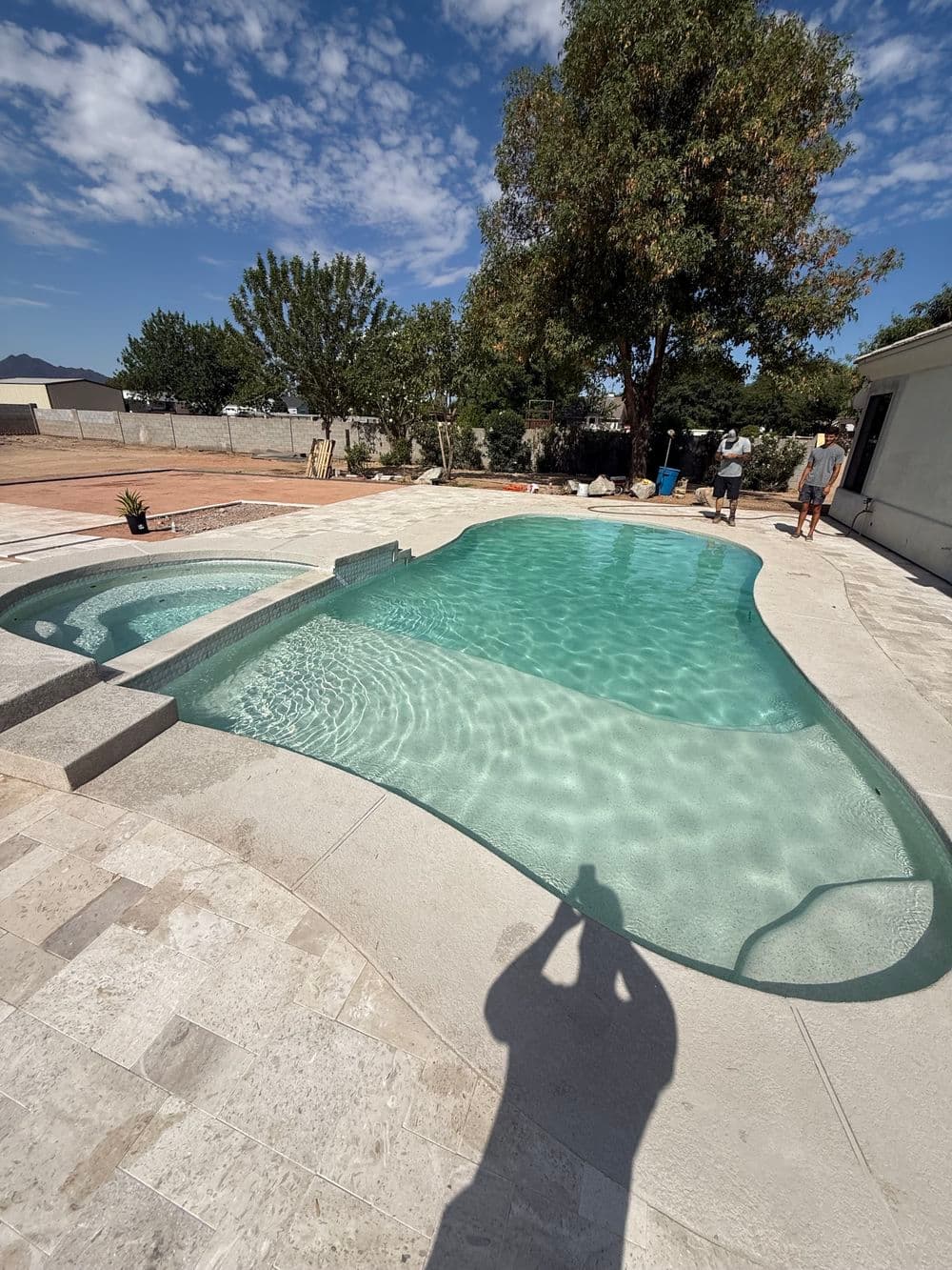 Modern swimming pool in a sunny backyard, surrounded by trees and patio area.
