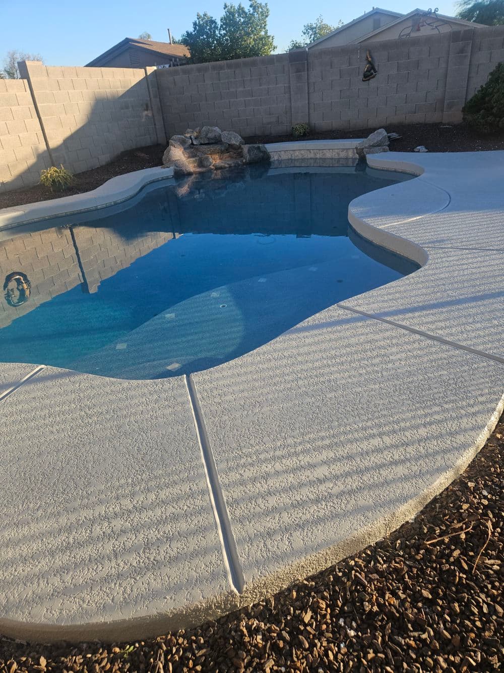 Backyard swimming pool with a curvy edge, rock features, and landscaped surroundings.